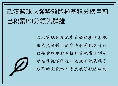 武汉篮球队强势领跑杯赛积分榜目前已积累80分领先群雄